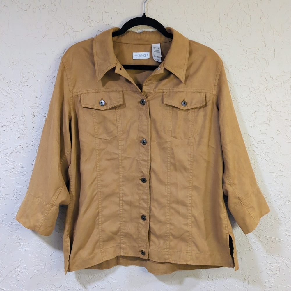 Liz Claiborne Lizwear Jeans Camel Tan Suede 3/4 Sleeve Shacket - Women's Large